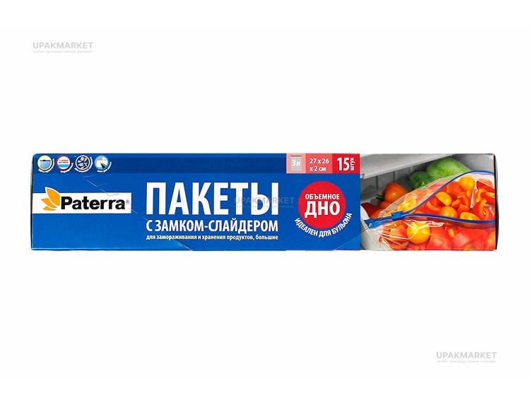 Пакеты для заморозки и хранения продуктов 3л с замком-слайдером 27х26 PATERRA (15шт в упаковке) — UPAKMARKET